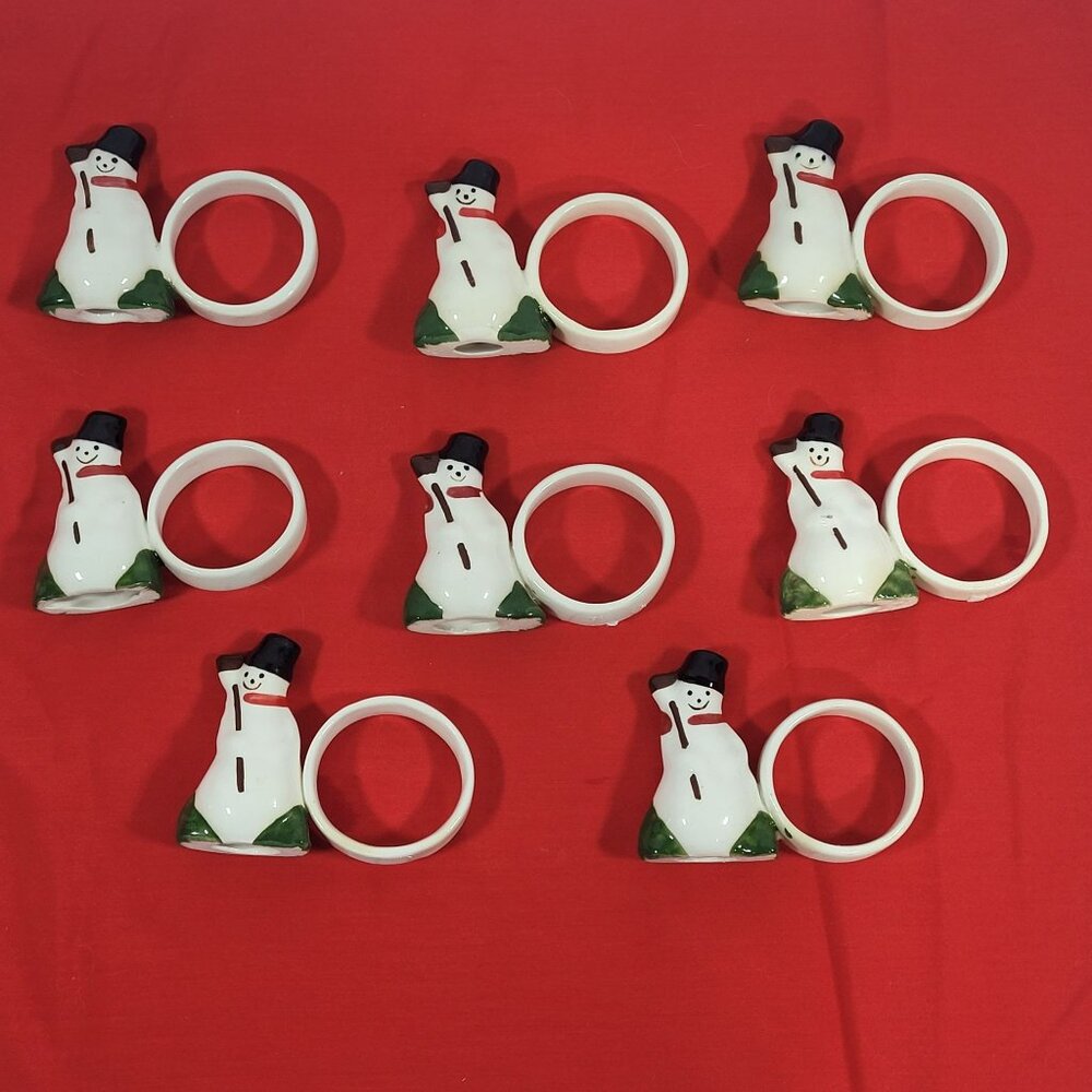 Vintage Snowman Ceramic‎ Napkin Rings Set of 8 White Green Red Handpainted